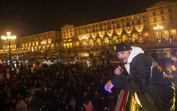 TURIN, ITALY - NOVEMBER 16: Italian rapper Ensi performs live at ’The night of tennis’ in the city center during the Nitto ATP Finals 2024 on November 16, 2024 in Turin, Italy. (Photo by Giorgio Perottino/Getty Images for Citta Di Torino )