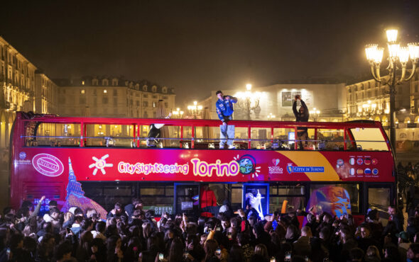 TURIN, ITALY - NOVEMBER 16: Italian rapper Shade performs live at ’The night of tennis’ in the city center during the Nitto ATP Finals 2024 on November 16, 2024 in Turin, Italy. (Photo by Giorgio Perottino/Getty Images for Citta Di Torino )